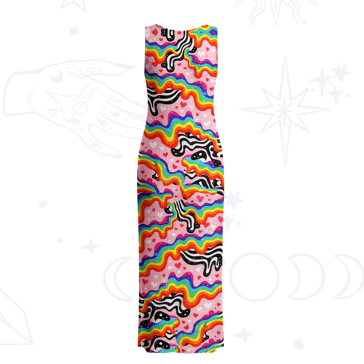 Purplehecate Groovy Melty Rainbow Hearts Wavy Crochet Knit Maxi Dress
