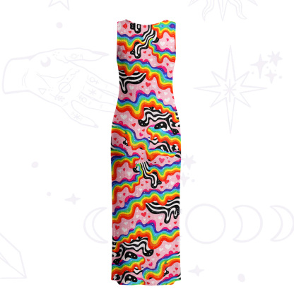 Purplehecate Groovy Melty Rainbow Hearts Wavy Crochet Knit Maxi Dress