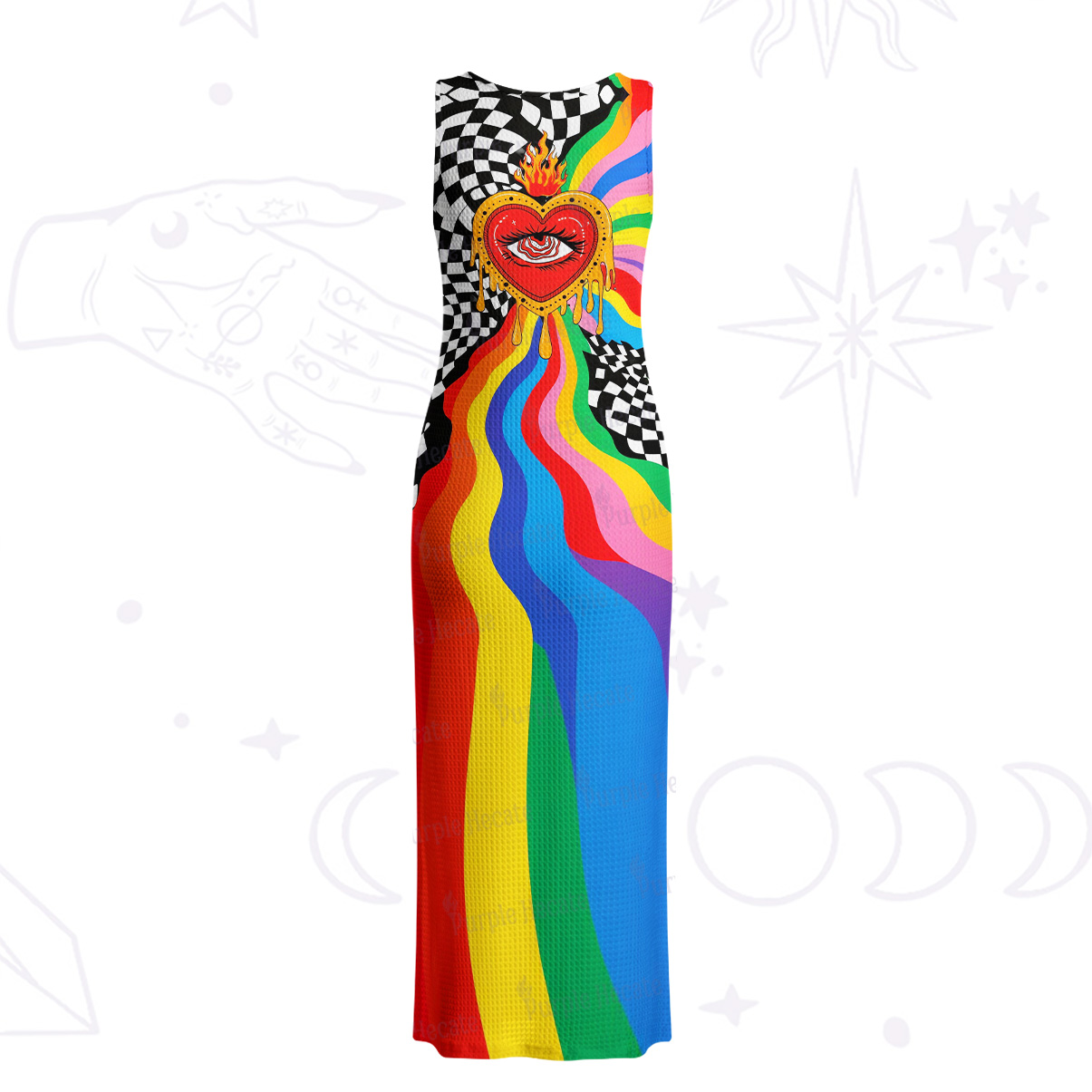Purplehecate Trippy Rainbow Heart Eye Crochet Knit Maxi Dress