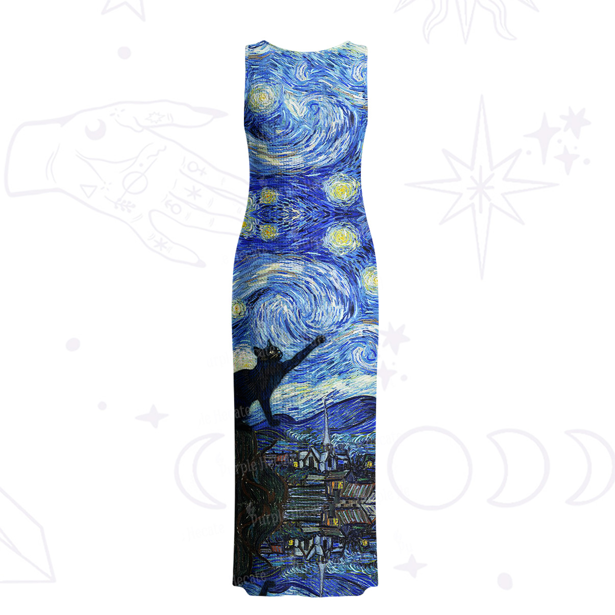 Purplehecate Witch Cat Under the Starry Night Crochet Knit Maxi Dress