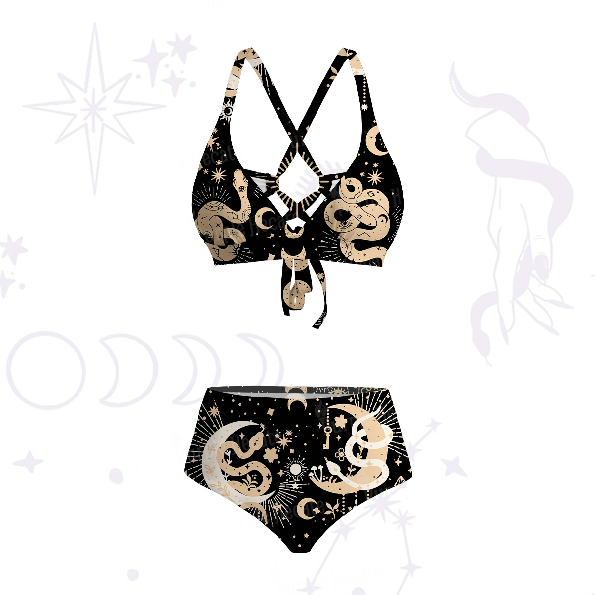 Purplehecate Divine Serpent Under the Moon Crisscross Tie-Back Bikini Set