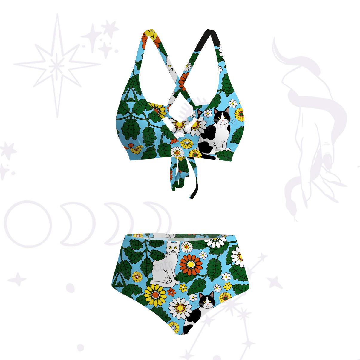 Purplehecate Daisy Cat  Garden Crisscross Tie-Back Bikini Set