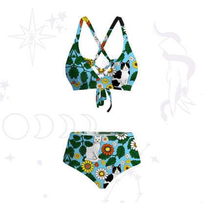 Purplehecate Daisy Cat  Garden Crisscross Tie-Back Bikini Set