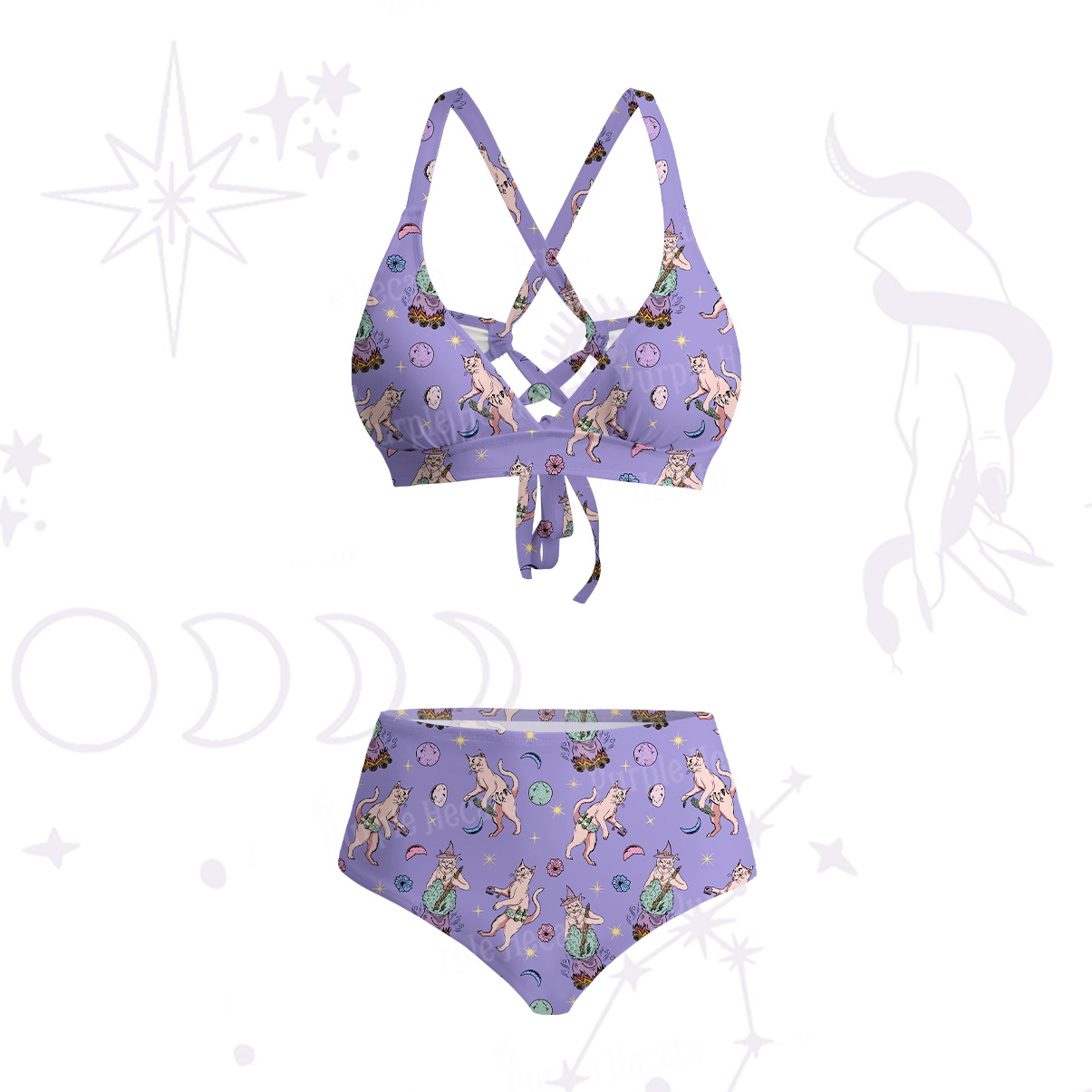 Purplehecate Cat Coven Crisscross Tie-Back Bikini Set