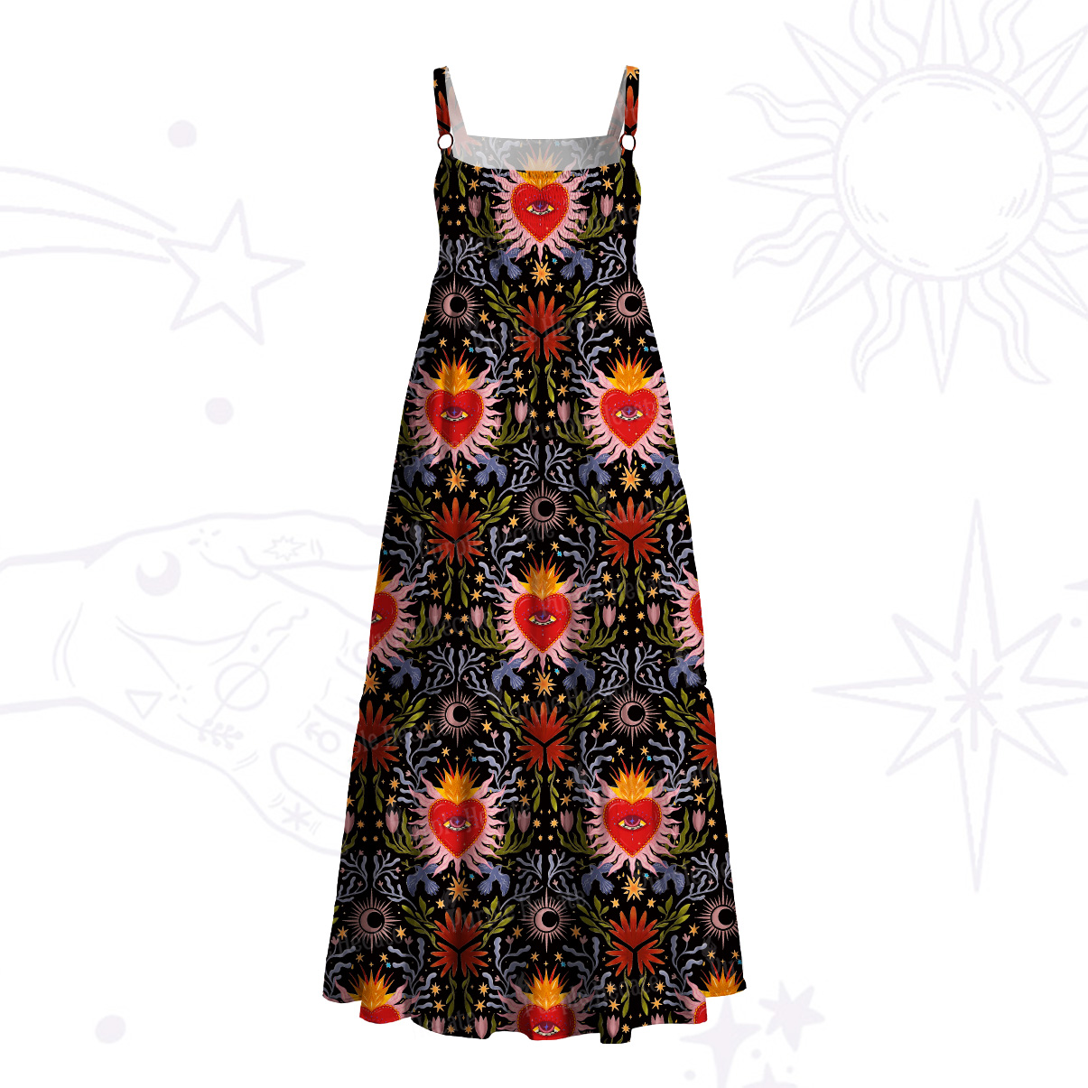 Purplehecate Sacred Flame Heart Wide Straps Maxi Dress