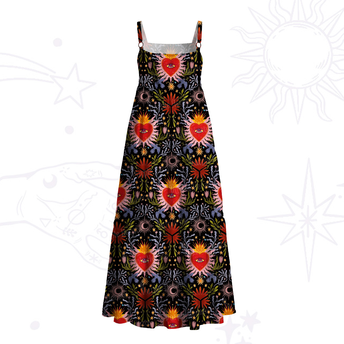 Purplehecate Sacred Flame Heart Wide Straps Maxi Dress