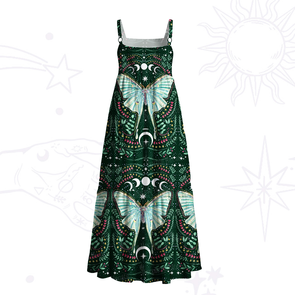 Purplehecate Green Moth Moonspell Wide Straps Maxi Dress