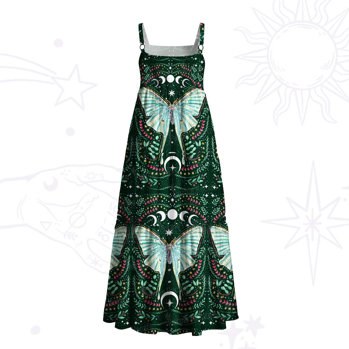 Purplehecate Green Moth Moonspell Wide Straps Maxi Dress