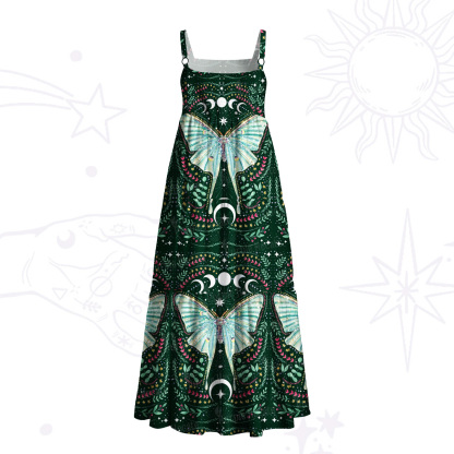 Purplehecate Green Moth Moonspell Wide Straps Maxi Dress
