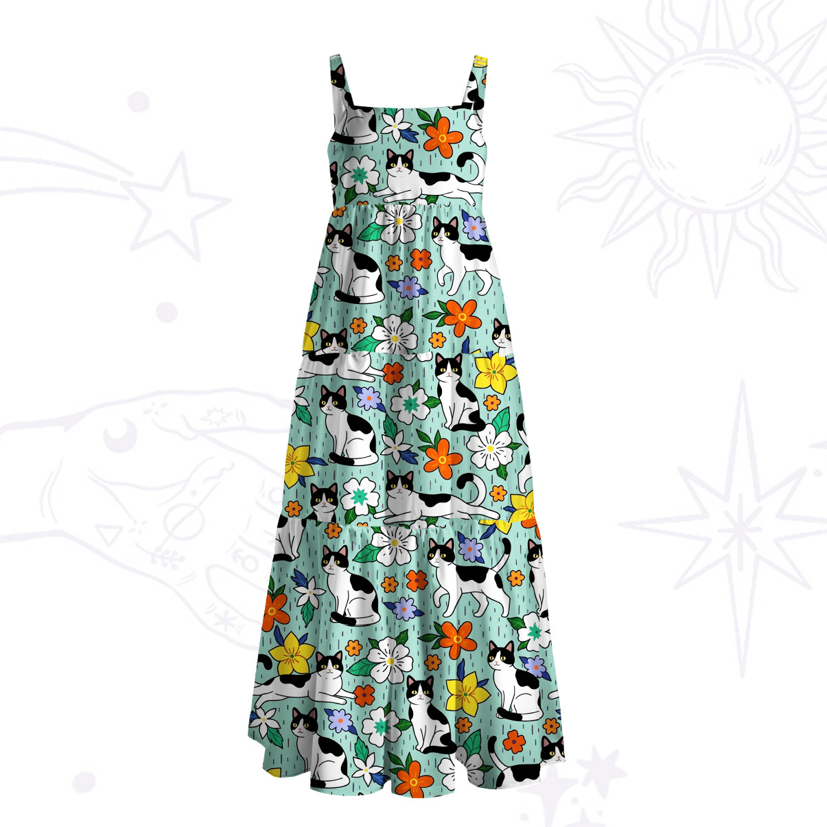Purplehecate Enchanted Spring Whispering Cat Wide Straps Maxi Dress