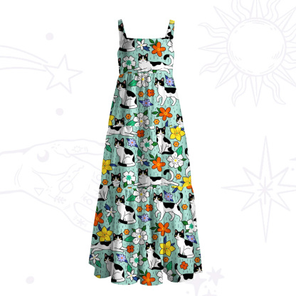 Purplehecate Enchanted Spring Whispering Cat Wide Straps Maxi Dress