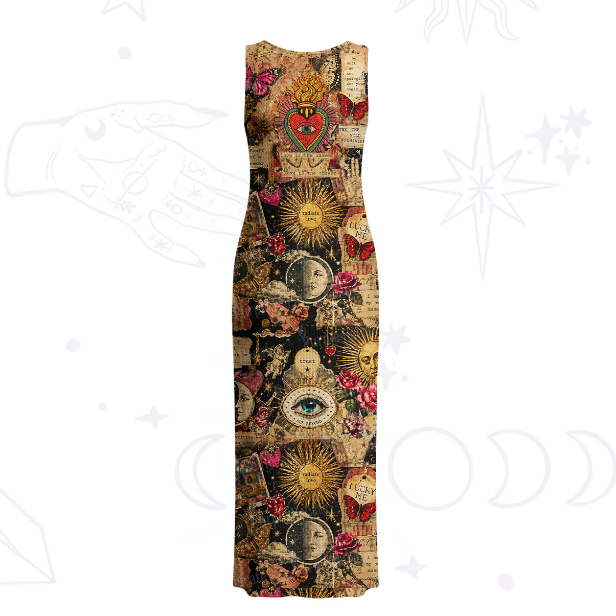 Purplehecate Vintage Celestial Witch Moon Collage Crochet Knit Maxi Dress