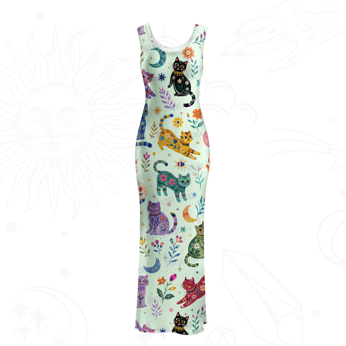 Purplehecate Rainbow Magic Cats Mesh Maxi Tank Beach Dress