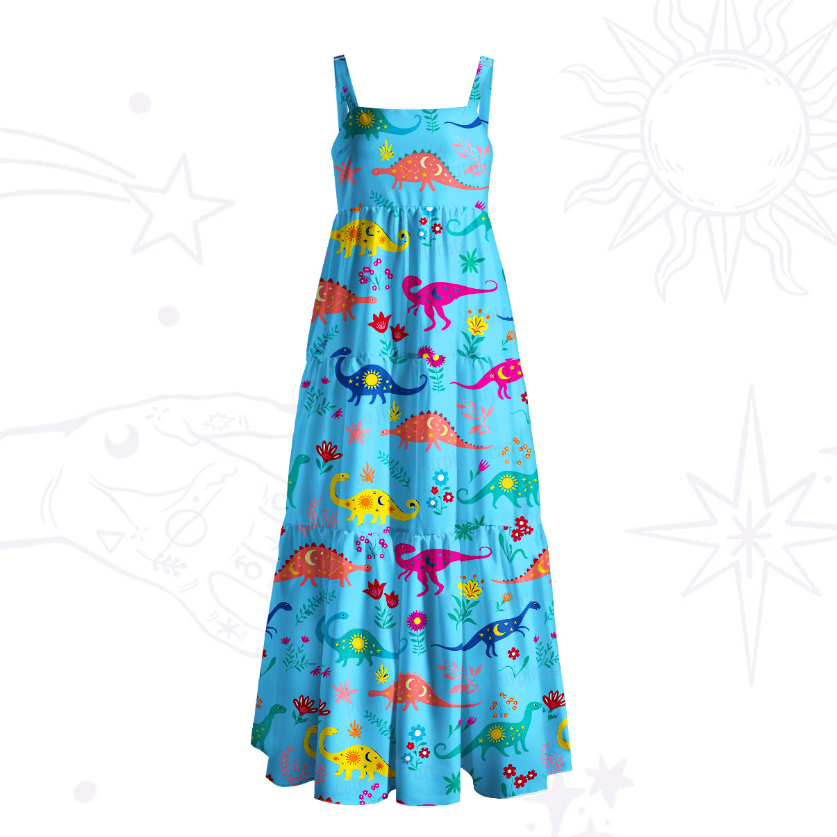 Purplehecate Colorful Dino Playground Wide Straps Maxi Dress