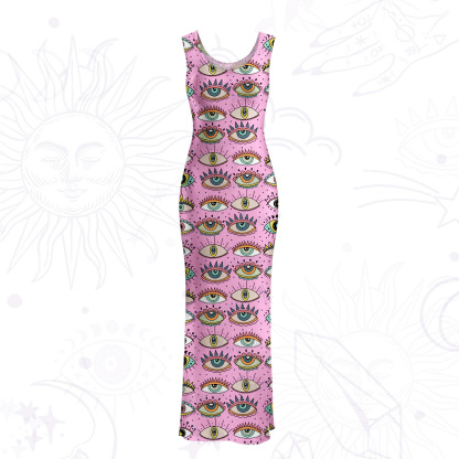 Purplehecate Evil Eye Pattern Mesh Maxi Tank Beach Dress