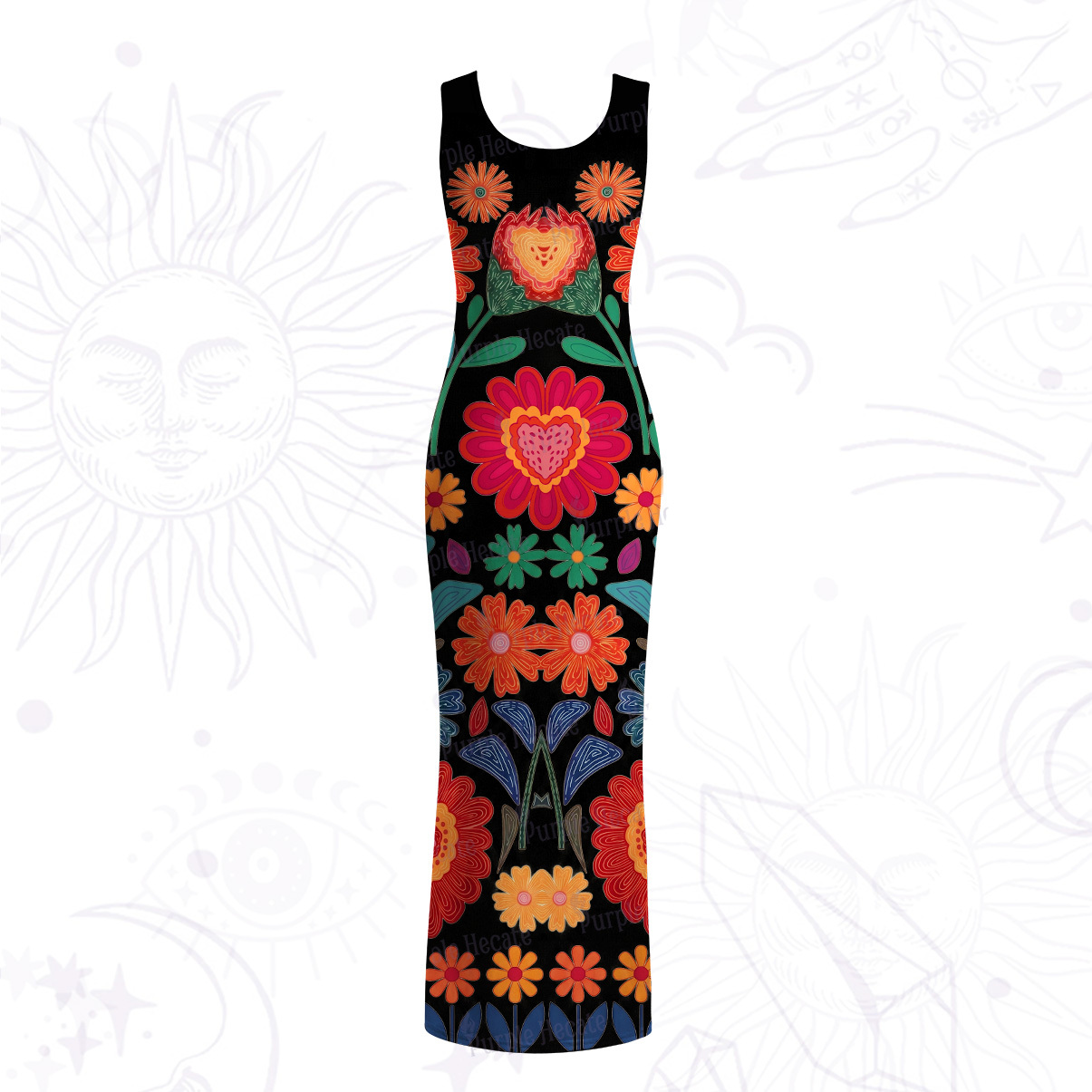 Purplehecate Retro Bloom Folk Floral Mesh Maxi Tank Beach Dress