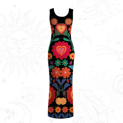 Purplehecate Retro Bloom Folk Floral Mesh Maxi Tank Beach Dress