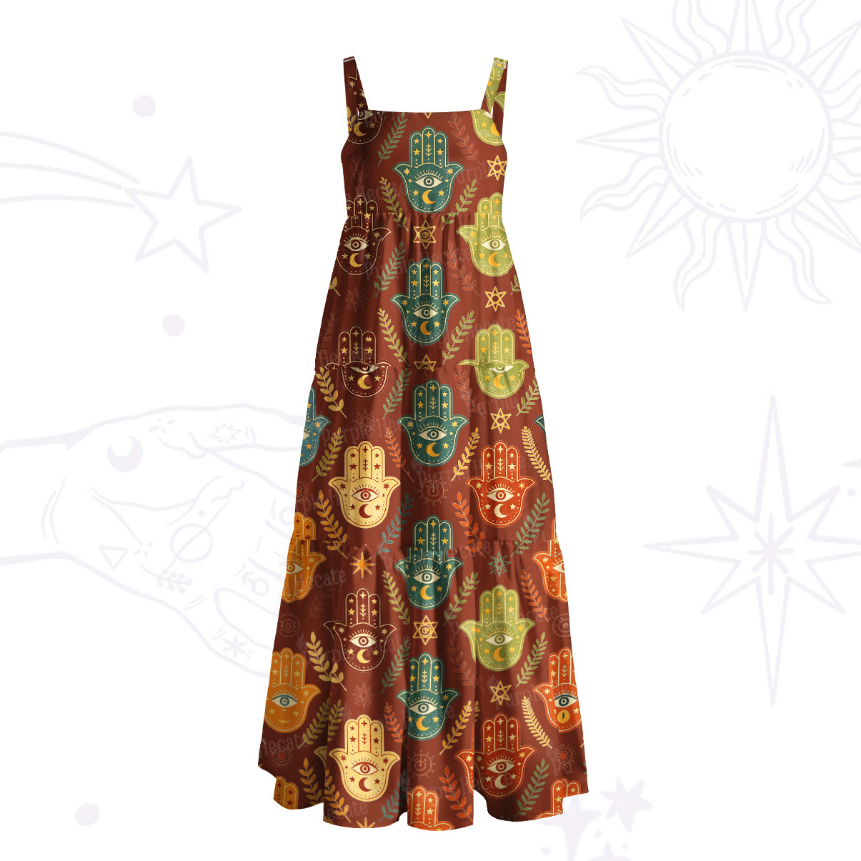 Purplehecate Boho Hamsa Hand Print Wide Straps Maxi Dress