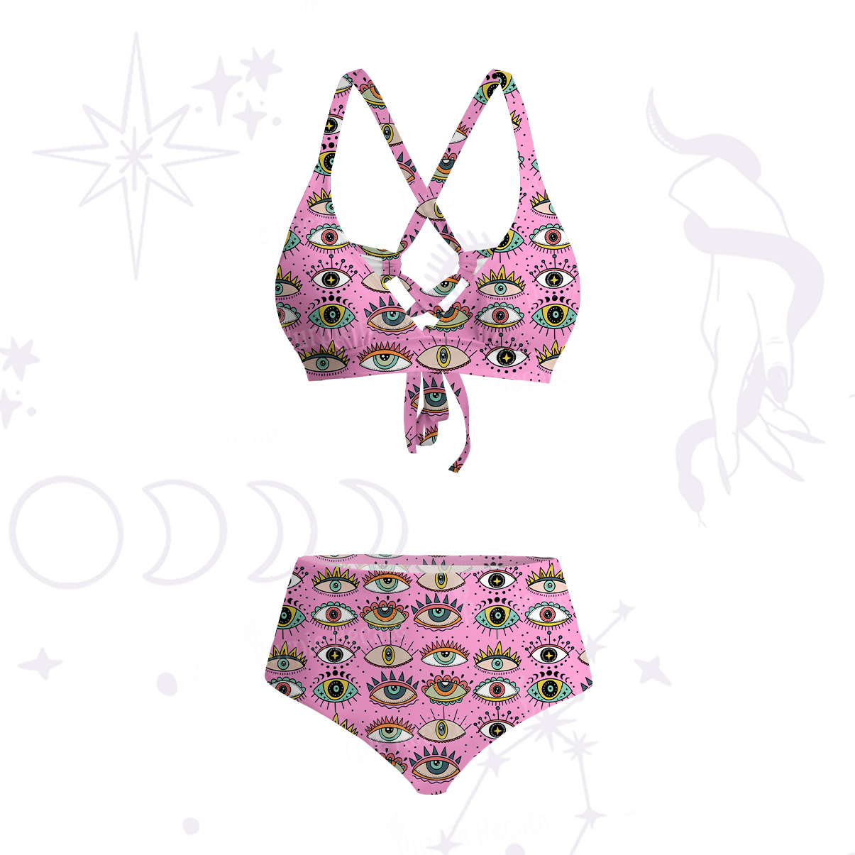 Purplehecate Evil Eye Pattern Crisscross Tie-Back Bikini Set