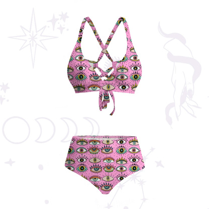 Purplehecate Evil Eye Pattern Crisscross Tie-Back Bikini Set