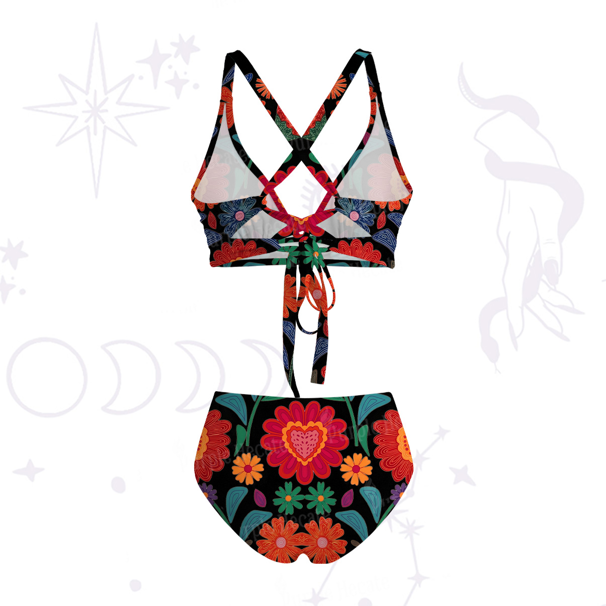 Purplehecate Retro Bloom Folk Floral Crisscross Tie-Back Bikini Set