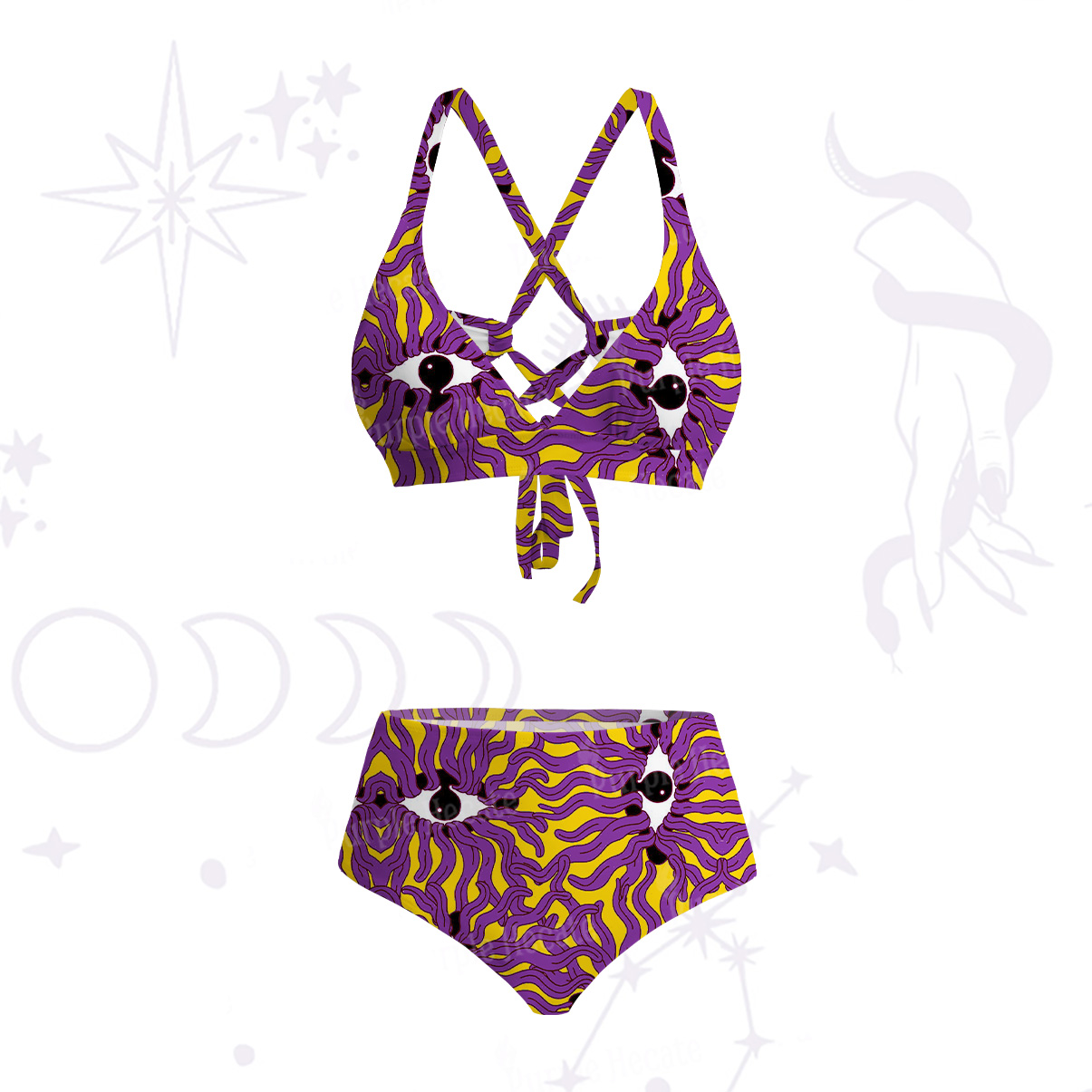 Purplehecate Psychedelic Wave Eyes Crisscross Tie-Back Bikini Set