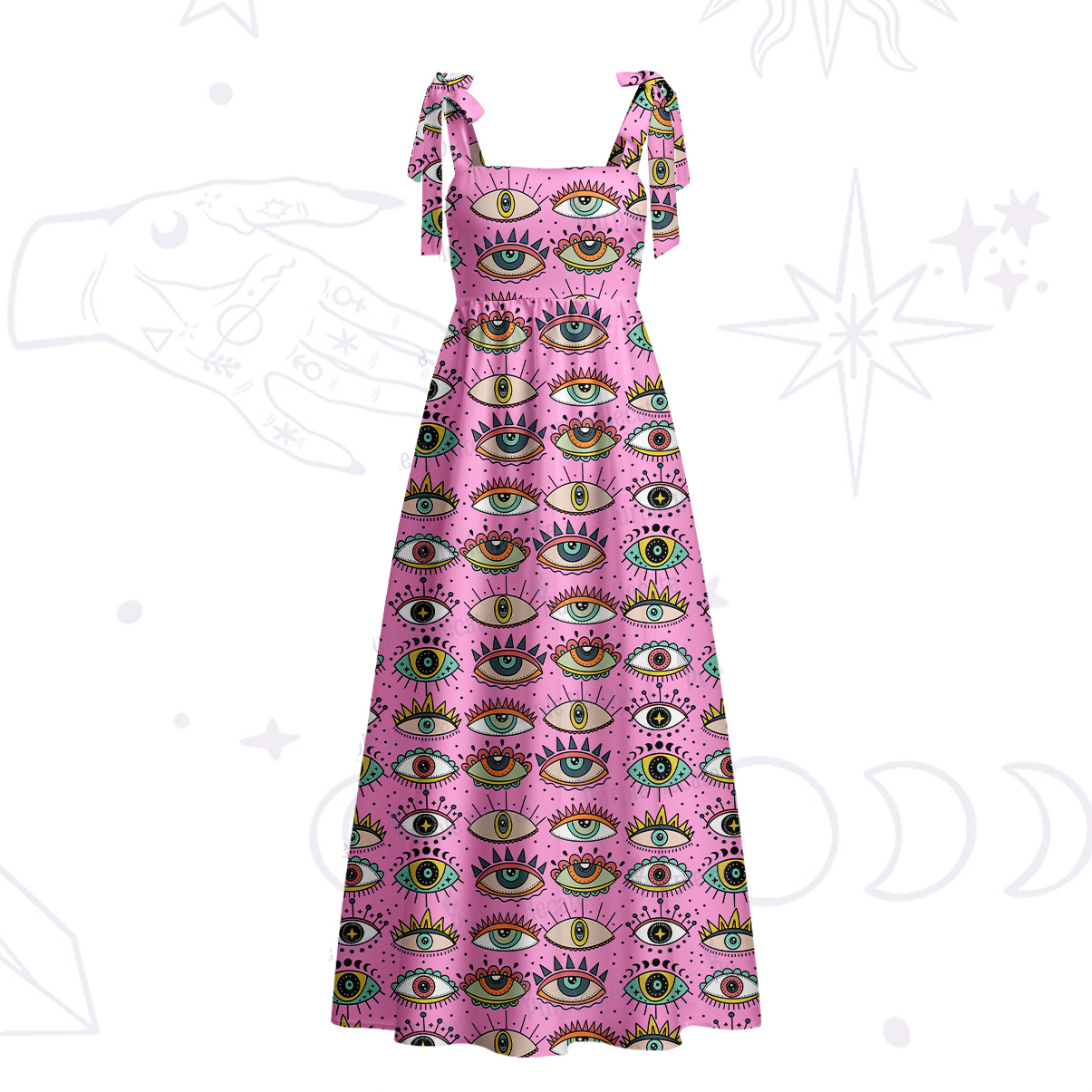 Purplehecate Evil Eye Pattern Tie Shoulder Maxi Dress