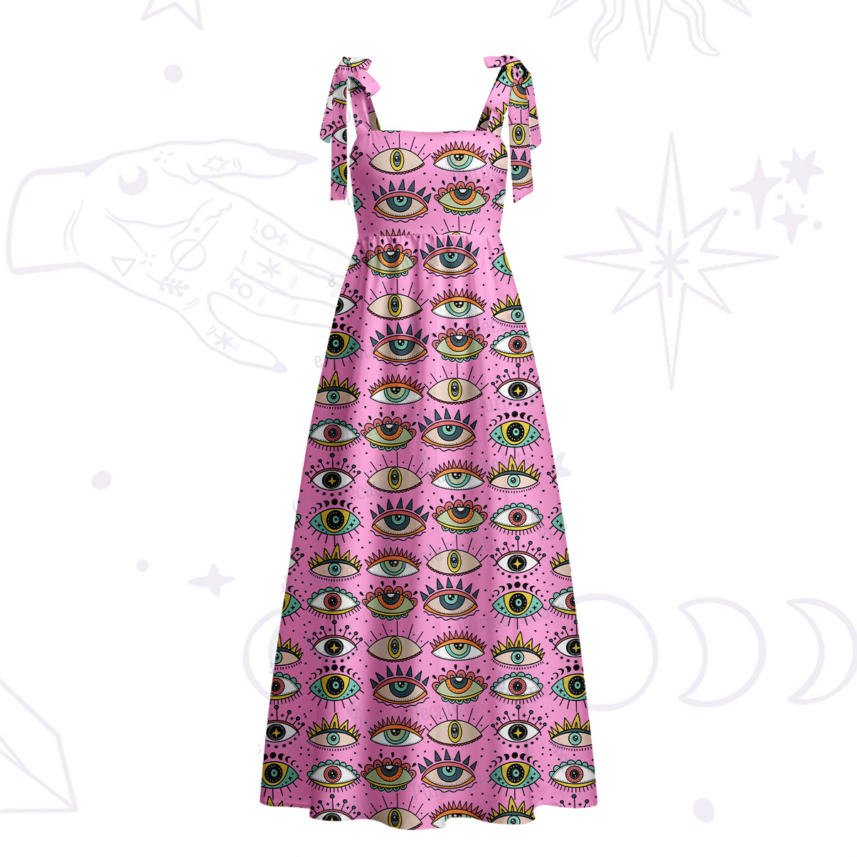 Purplehecate Evil Eye Pattern Tie Shoulder Maxi Dress