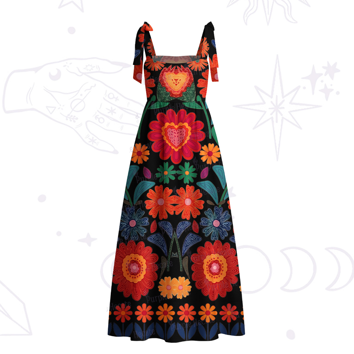 Purplehecate Retro Bloom Folk Floral Tie Shoulder Maxi Dress