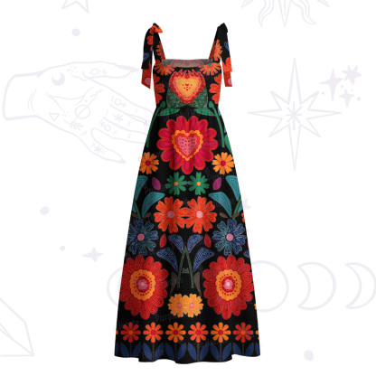 Purplehecate Retro Bloom Folk Floral Tie Shoulder Maxi Dress