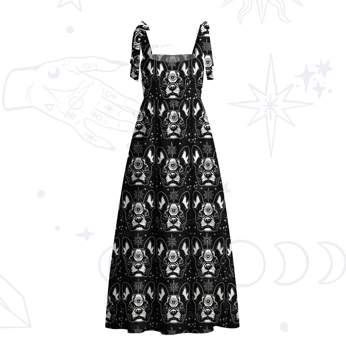 Purplehecate Mystic Boston Terrier Tie Shoulder Maxi Dress