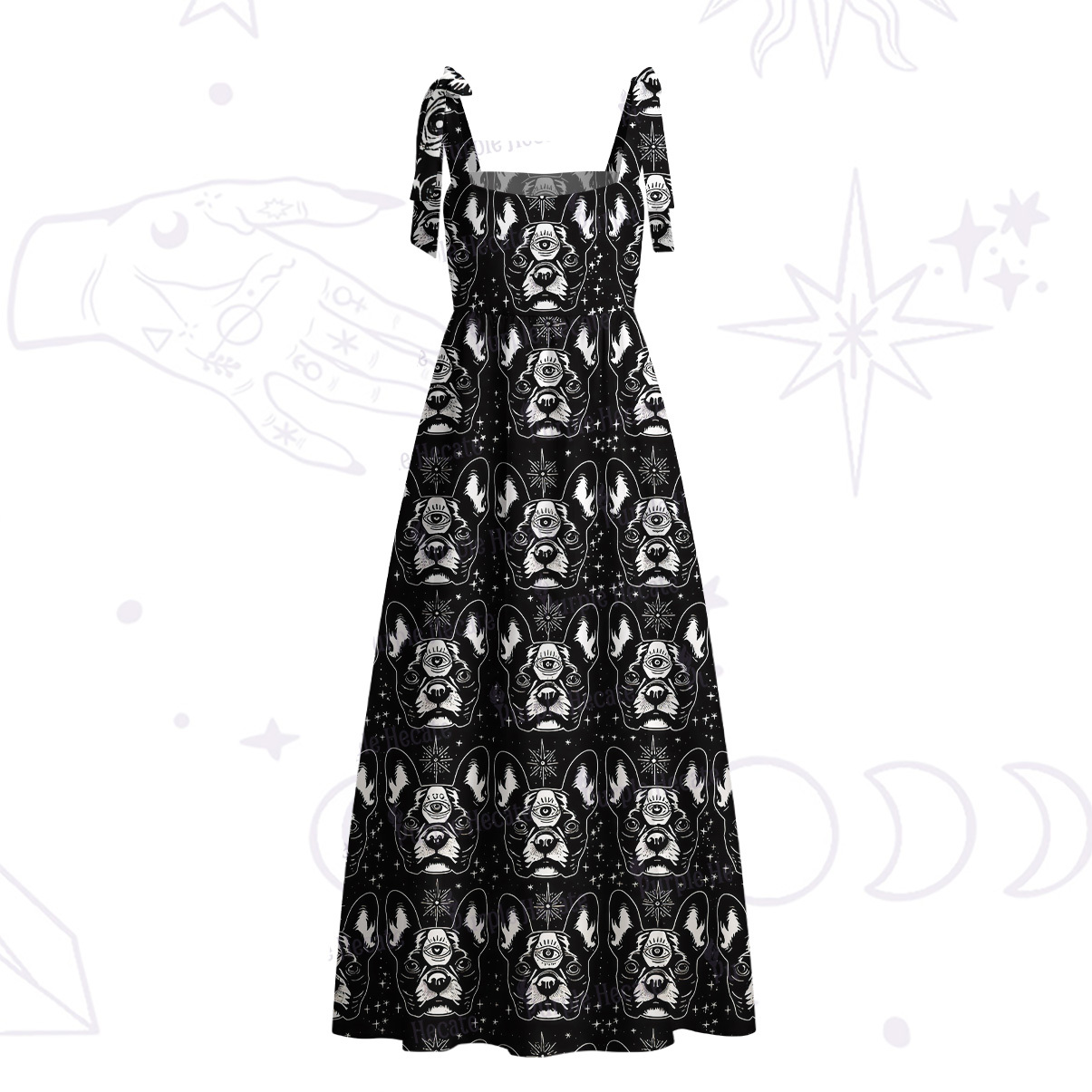 Purplehecate Mystic Boston Terrier Tie Shoulder Maxi Dress