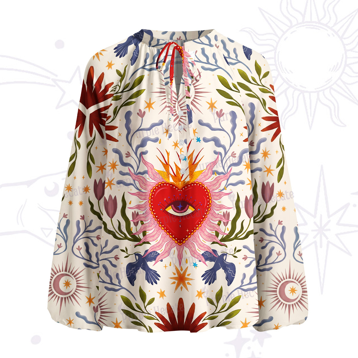 Purplehecate Sacred Flame Heart Split Neck Tie Blouse