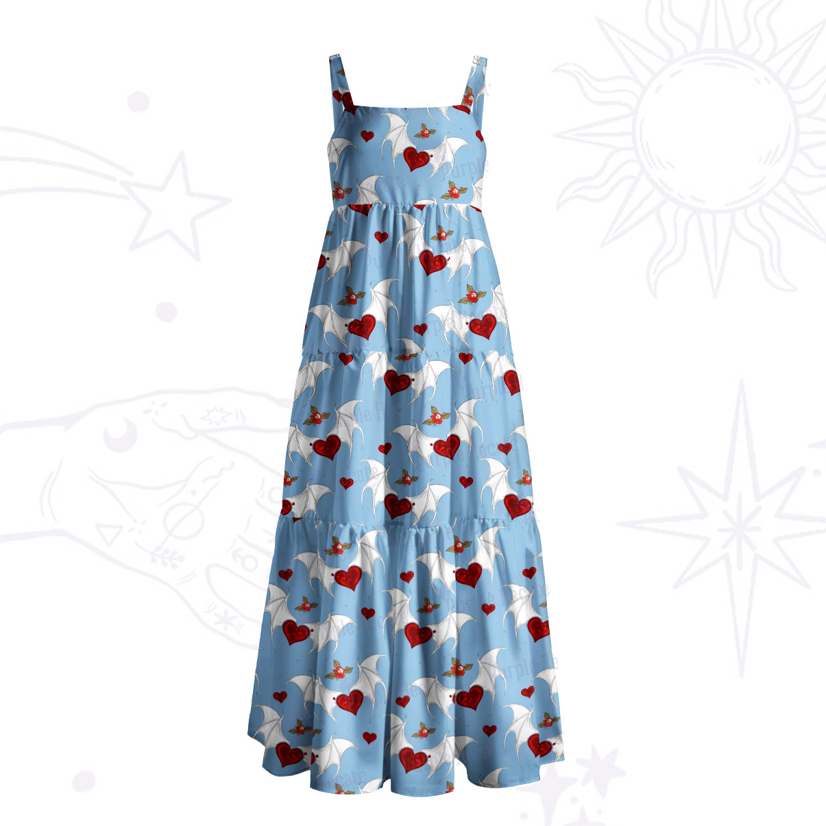 Purplehecate Dark Romance Bat & Heart Wide Straps Maxi Dress
