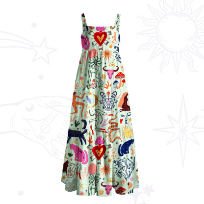 Purplehecate Whimsical Doodle Wide Straps Maxi Dress