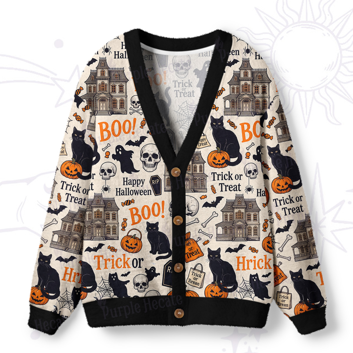 Purplehecate Haunted House on Halloween Night Ugly Cardigan Sweaters