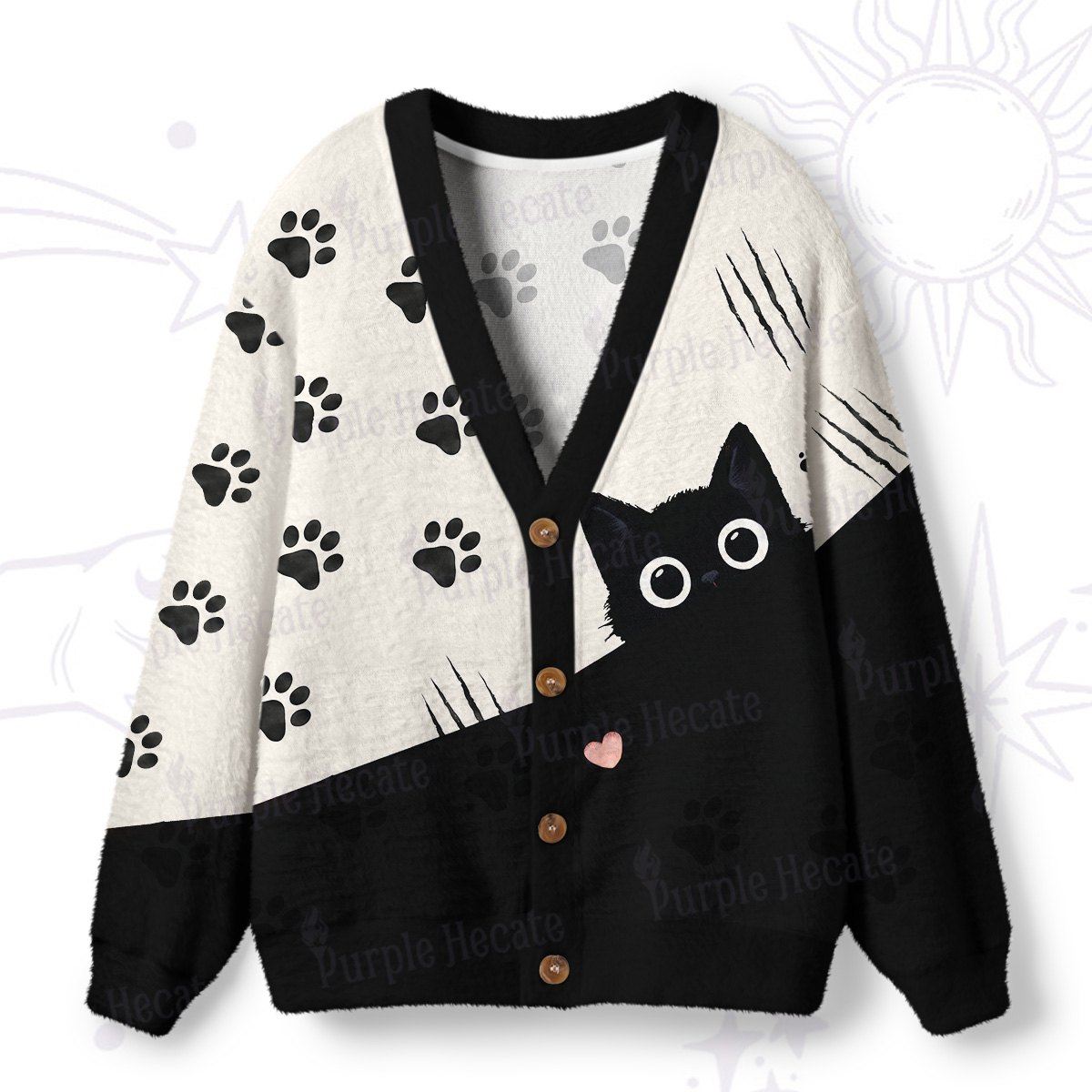Purplehecate Peekaboo Black Cat Paw Ugly Cardigan Sweaters