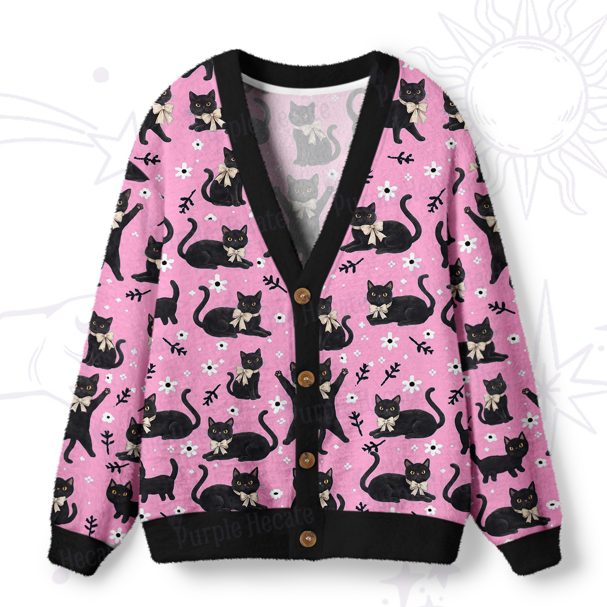 Purplehecate Lucky Black Cats Meadow Ugly Cardigan Sweaters