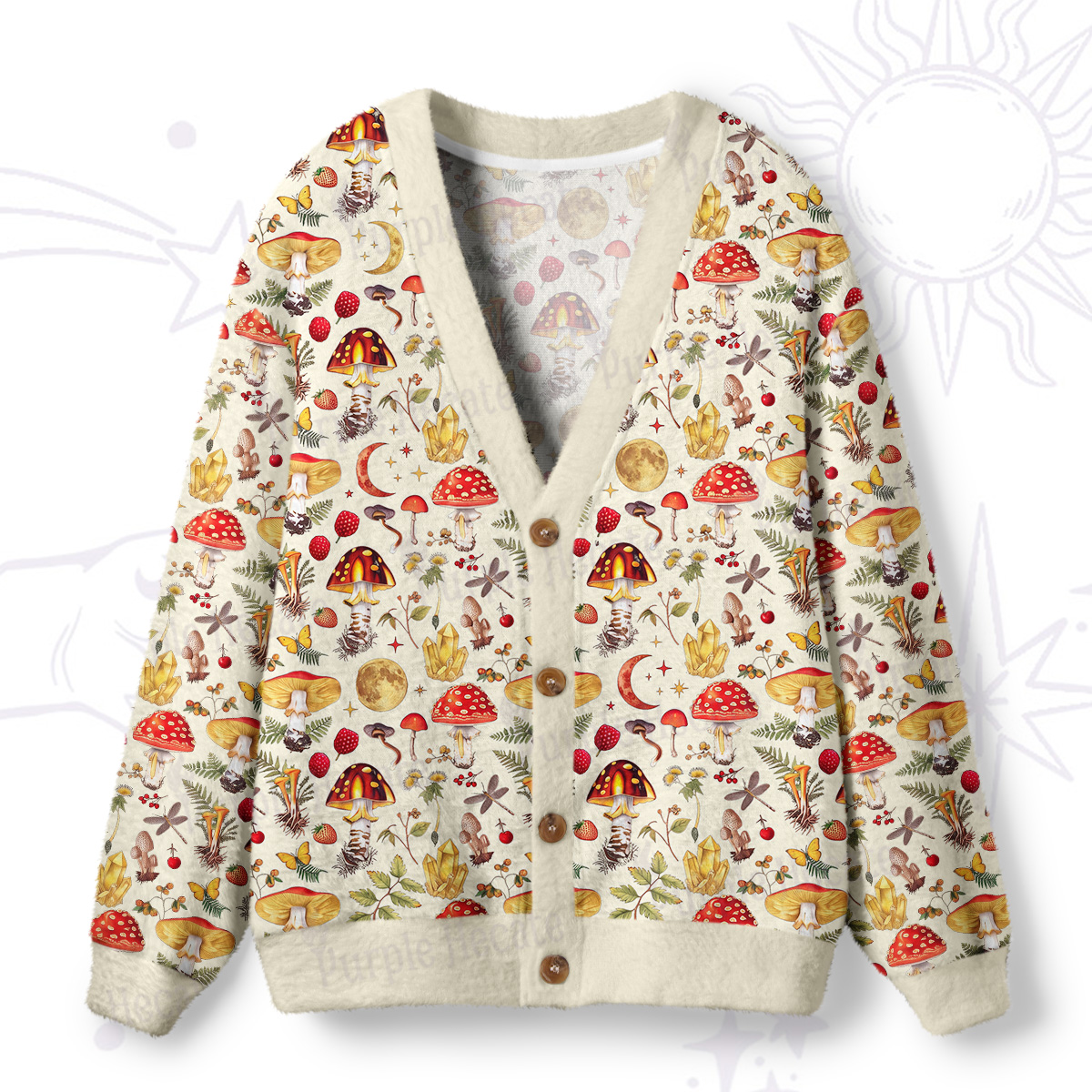 Purplehecate Creamy Woodland Mushrooms Ugly Cardigan Sweaters