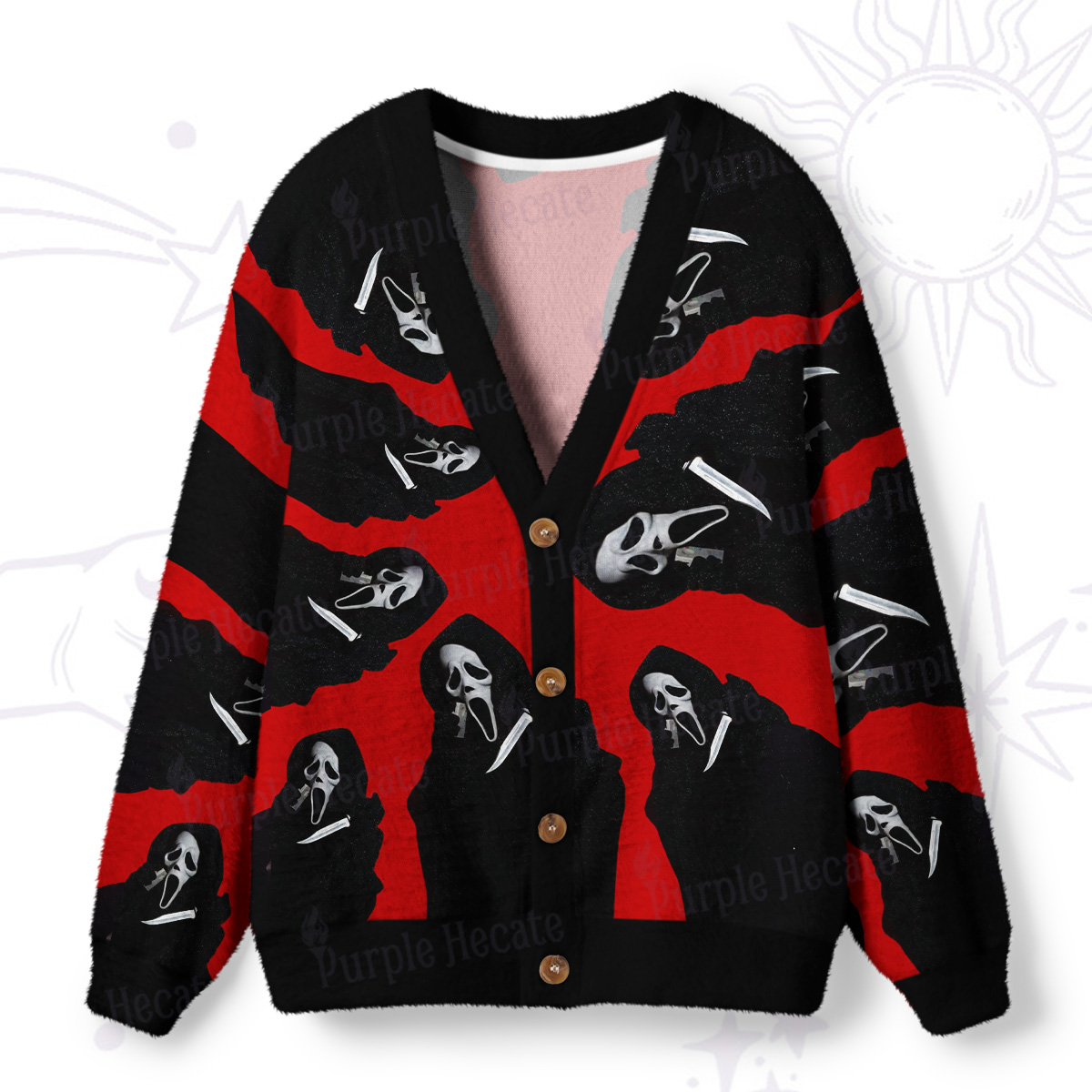 Purplehecate Scream Mask Ghost Face Ugly Cardigan Sweaters