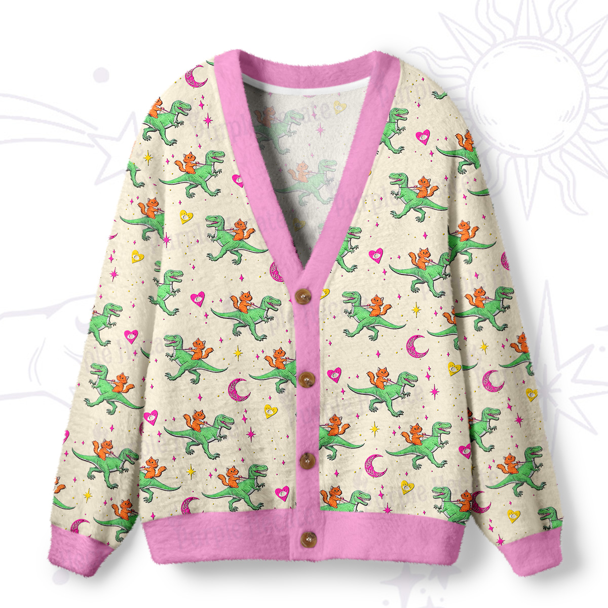 Purplehecate Witch Cat Rides the Dino Ugly Cardigan Sweaters