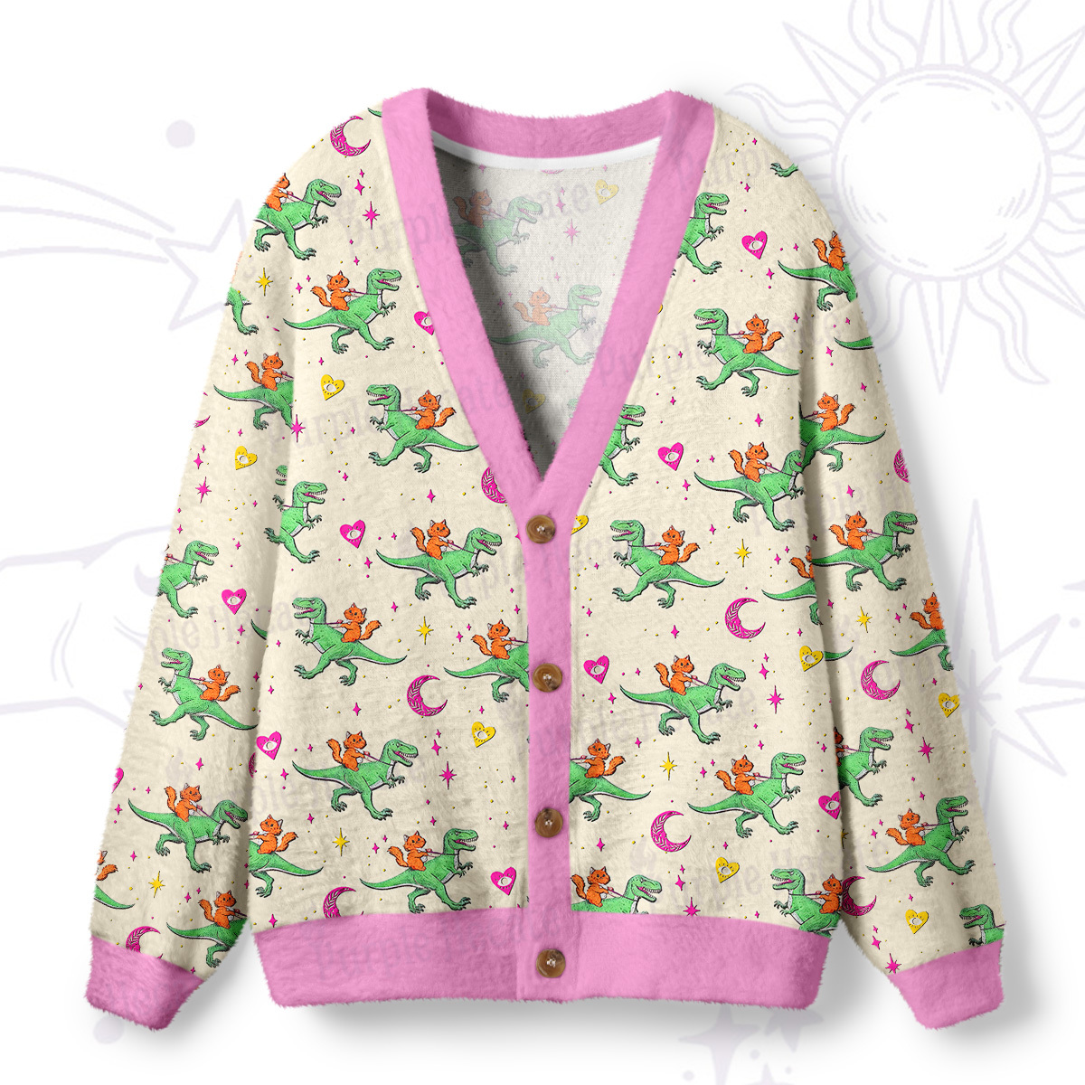 Purplehecate Witch Cat Rides the Dino Ugly Cardigan Sweaters