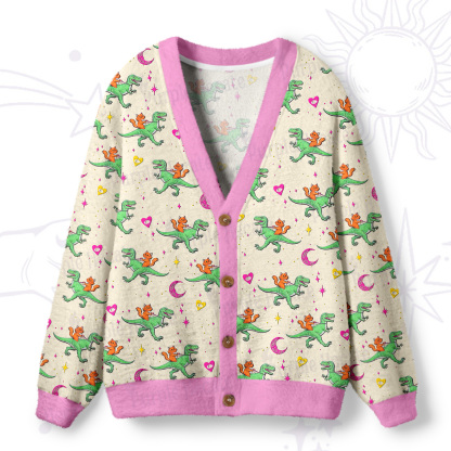Purplehecate Witch Cat Rides the Dino Ugly Cardigan Sweaters