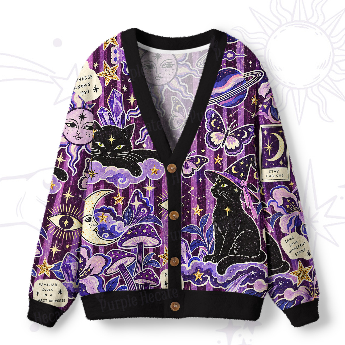 Purplehecate Moon Whispers Black Cat Ugly Cardigan Sweaters