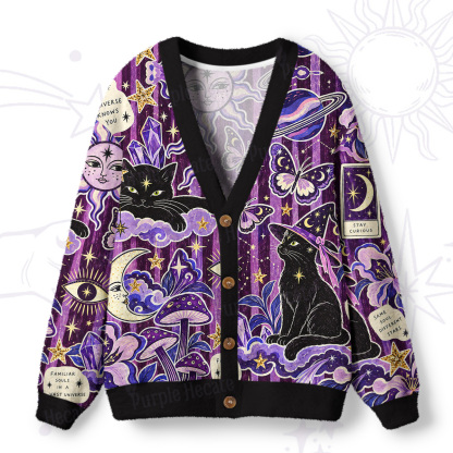 Purplehecate Moon Whispers Black Cat Ugly Cardigan Sweaters