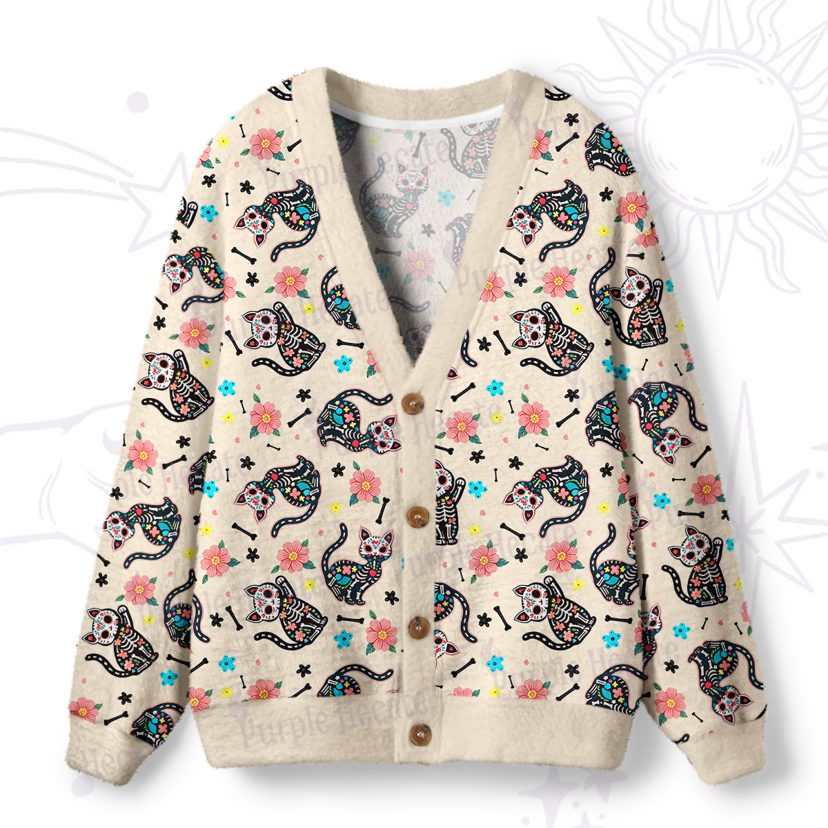 Purplehecate Dia de los Muertos Skeleton Cat Cat Ugly Cardigan Sweaters