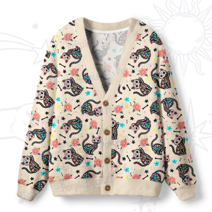 Purplehecate Dia de los Muertos Skeleton Cat Cat Ugly Cardigan Sweaters