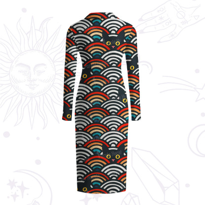 Purplehecate Rainbow Black Cat Waves Ribbed Knit Dress