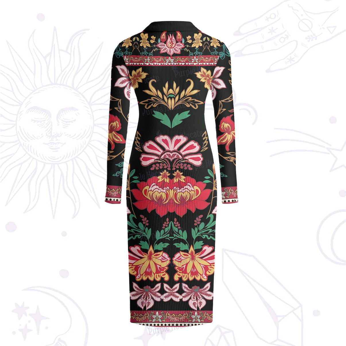 Purplehecate Ethnic Passionate Floral Motif Ribbed Knit Dress