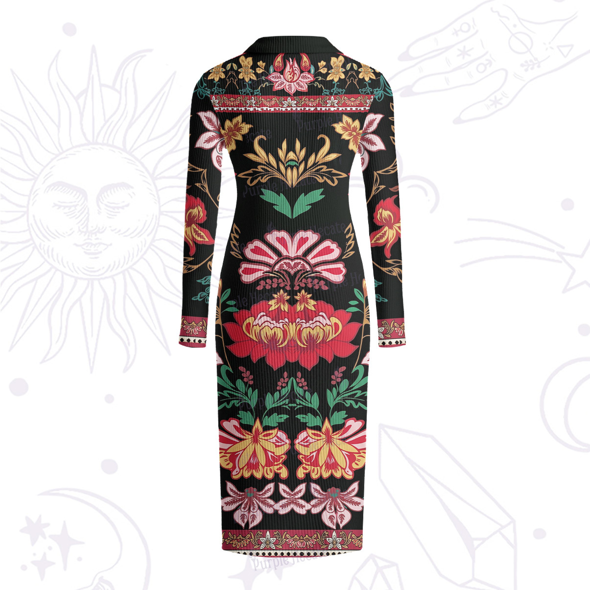 Purplehecate Ethnic Passionate Floral Motif Ribbed Knit Dress